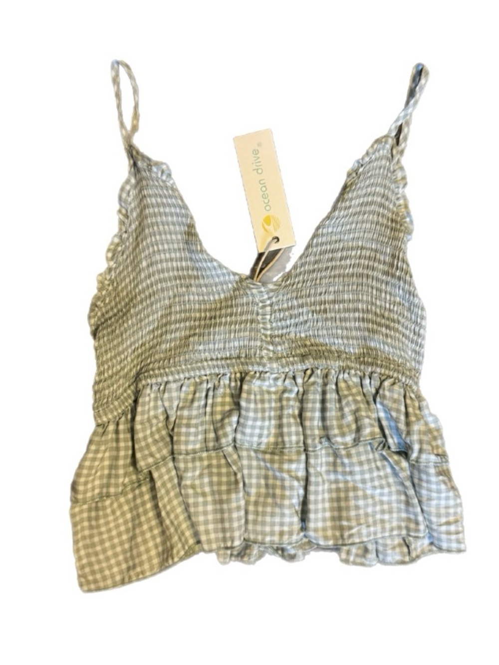 NWT Ocean Drive Sage Green Gingham Smocked Ruffle Cami Top